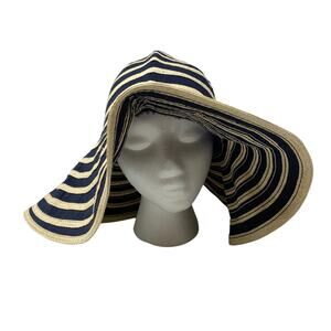Gap Wide Brim Straw Sun Hat Womens M/L Navy Blue Cream Stripe Floppy Packable